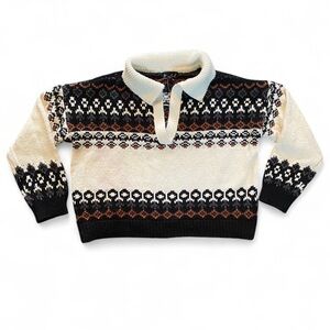 Marled black/white/brown/gray Fair Isle Cropped Collared Sweater